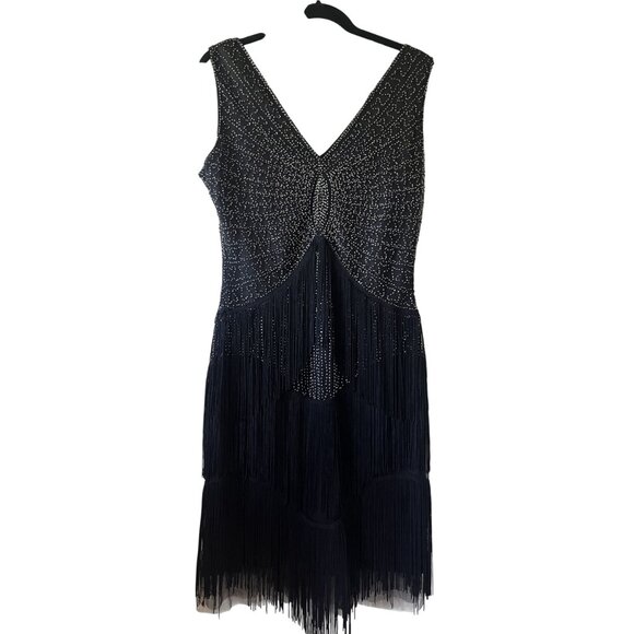 Unique Vintage 1920s Black Beaded Fringe Flapper Dress L - Picture 3 of 10